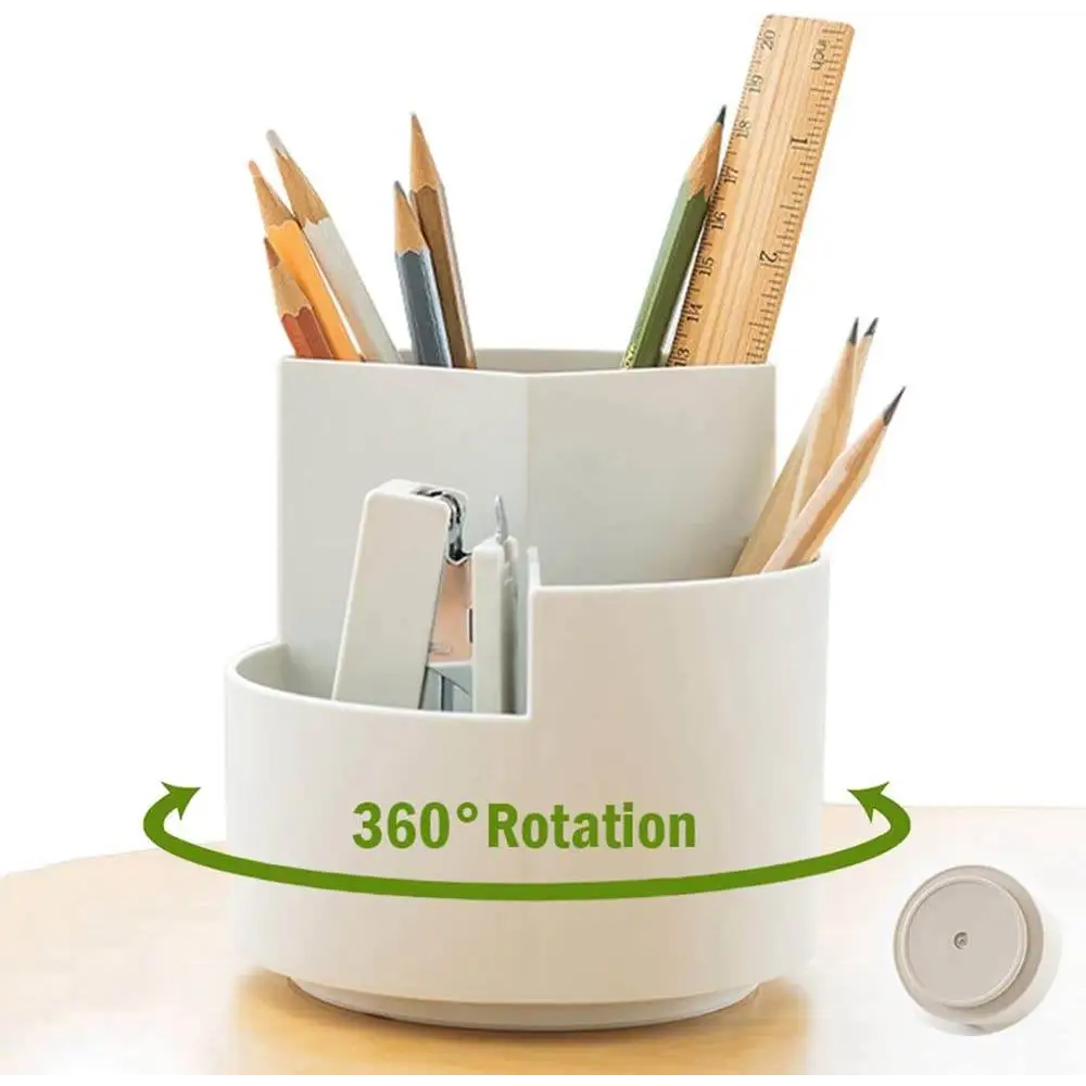 360 degree rotating multi-functional pen holder with 3 separate layer for office desk organiser (White) - The Focus Station