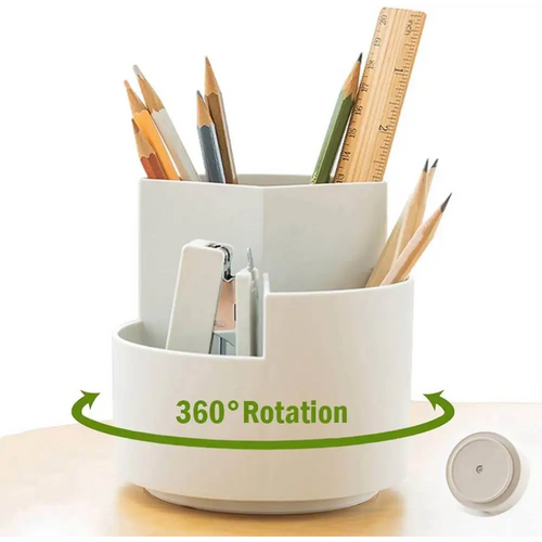360 degree rotating multi-functional pen holder with 3 separate layer for office desk organiser (White) - The Focus Station