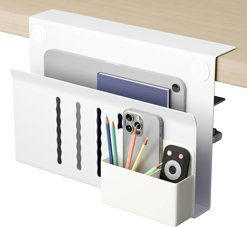 White Under Desk Side Laptop Holder Storage –No Drill Cable & Pen Tray - The Focus Station