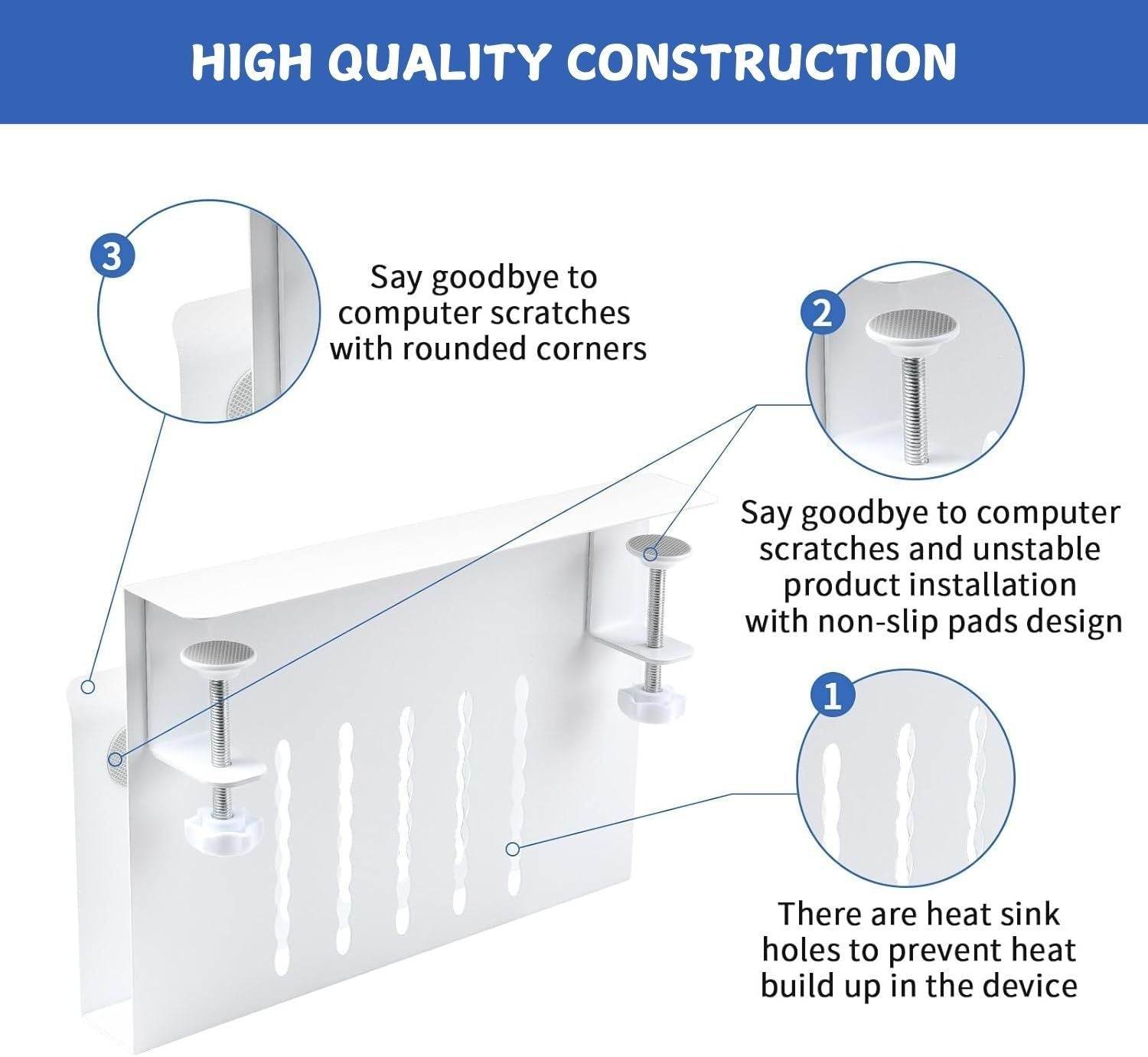 White Under Desk Side Laptop Holder Storage –No Drill Cable & Pen Tray - The Focus Station