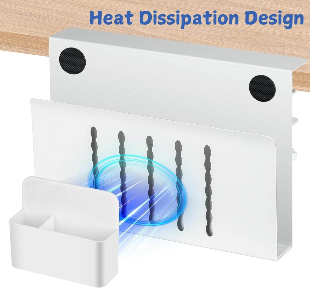 White Under Desk Side Laptop Holder Storage –No Drill Cable & Pen Tray - The Focus Station