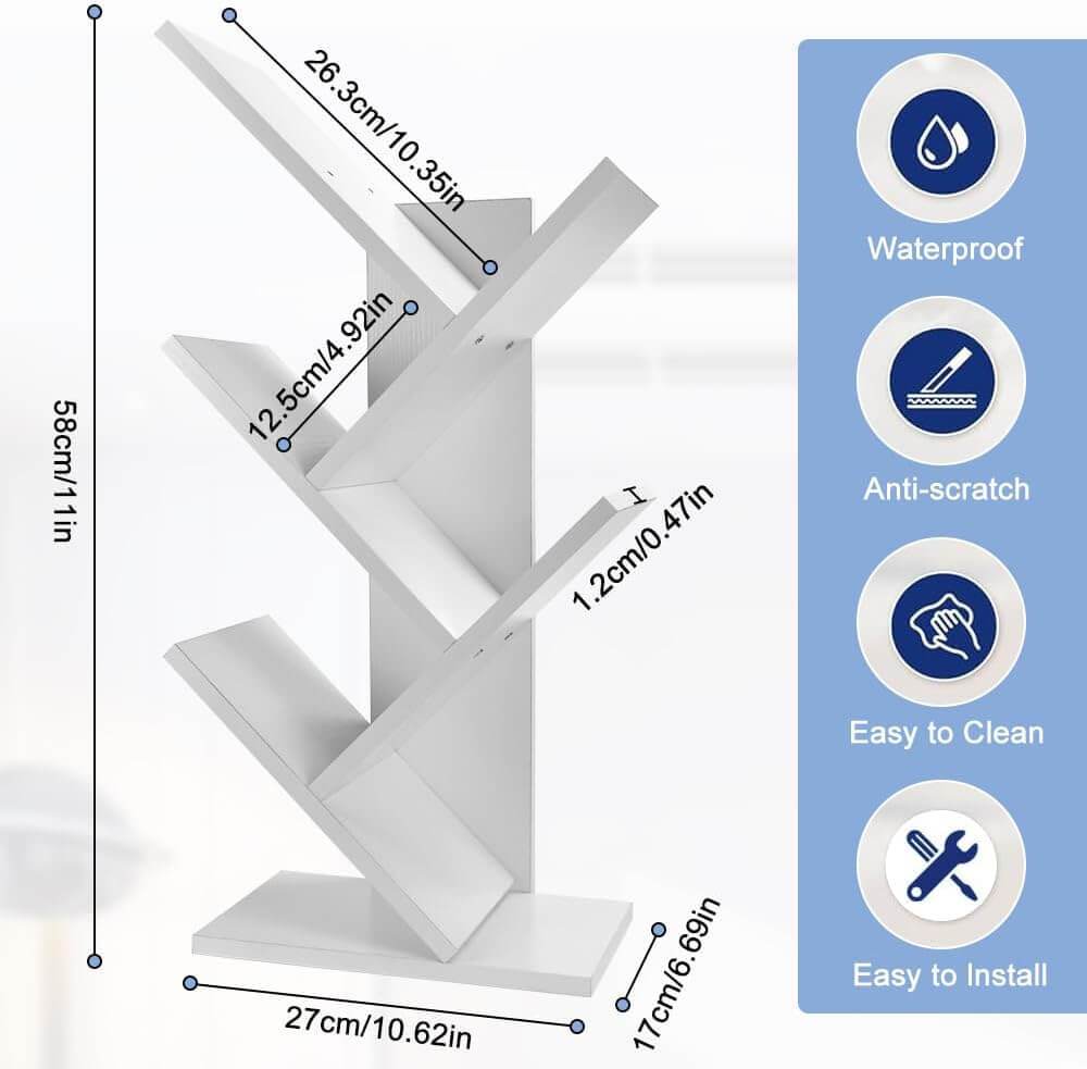 CARLA HOME 5-Tier Tree Bookshelf Storage Rack for Home Office or Bedroom (White) - The Focus Station