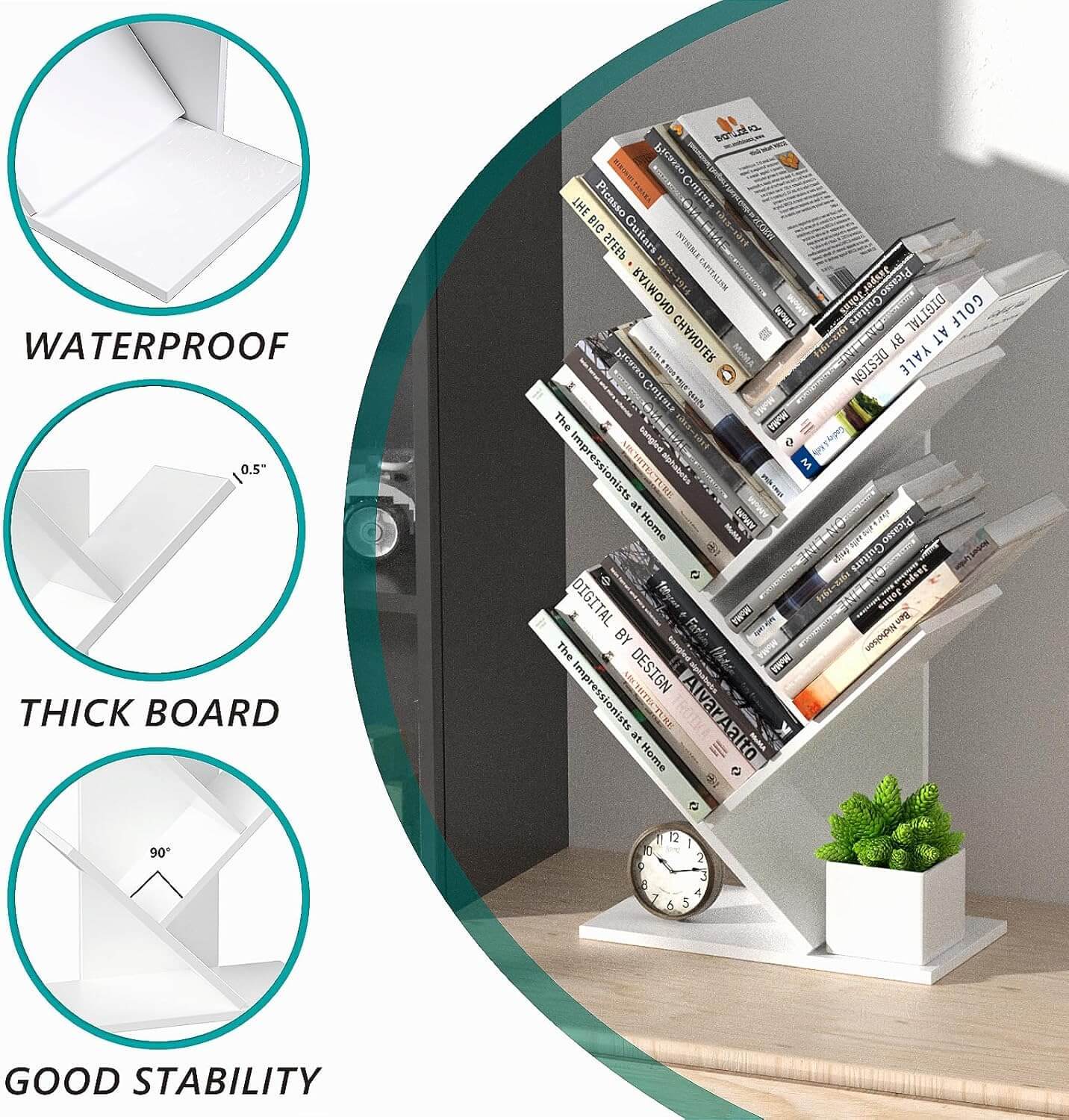 CARLA HOME 5-Tier Tree Bookshelf Storage Rack for Home Office or Bedroom (White) - The Focus Station