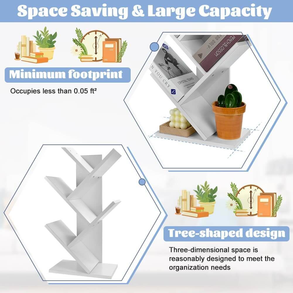 CARLA HOME 5-Tier Tree Bookshelf Storage Rack for Home Office or Bedroom (White) - The Focus Station