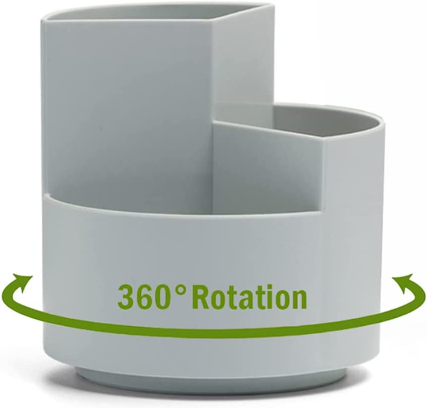 Gray cylindrical container with 360-degree rotation feature on a white background