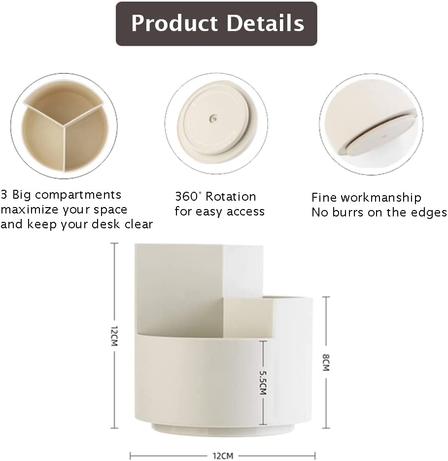 Product details of a cylindrical desk organizer with compartments, rotation feature, and dimensions.