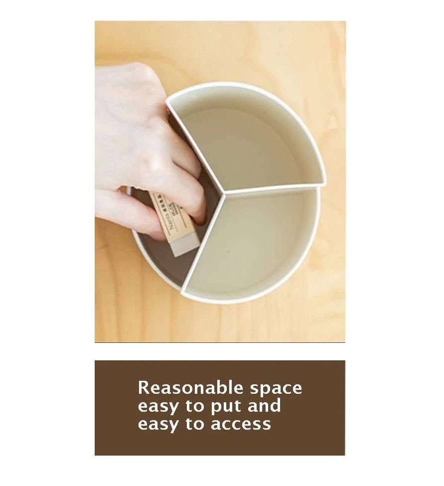 Hand holding a small container inside a divided dish on a wooden surface with text 'Reasonable space easy to put and easy to access'.