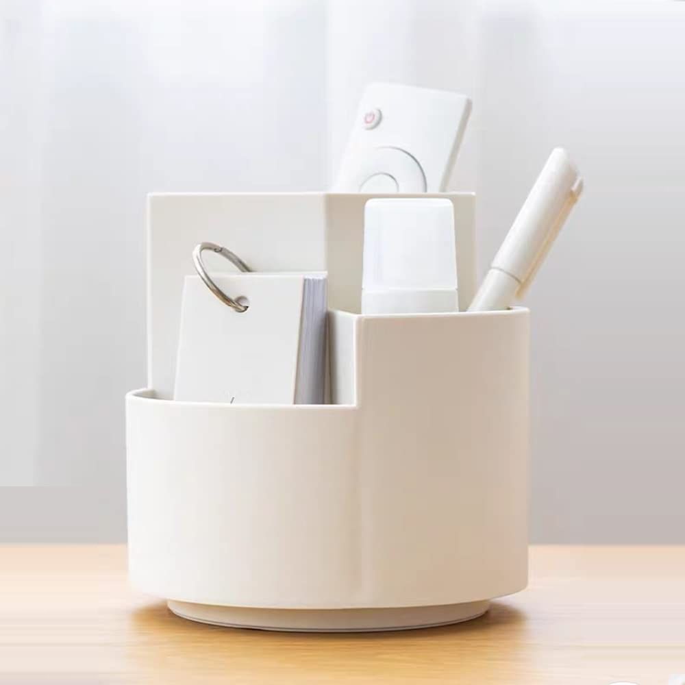 White cylindrical desk organizer with stationery items on a light wooden surface.