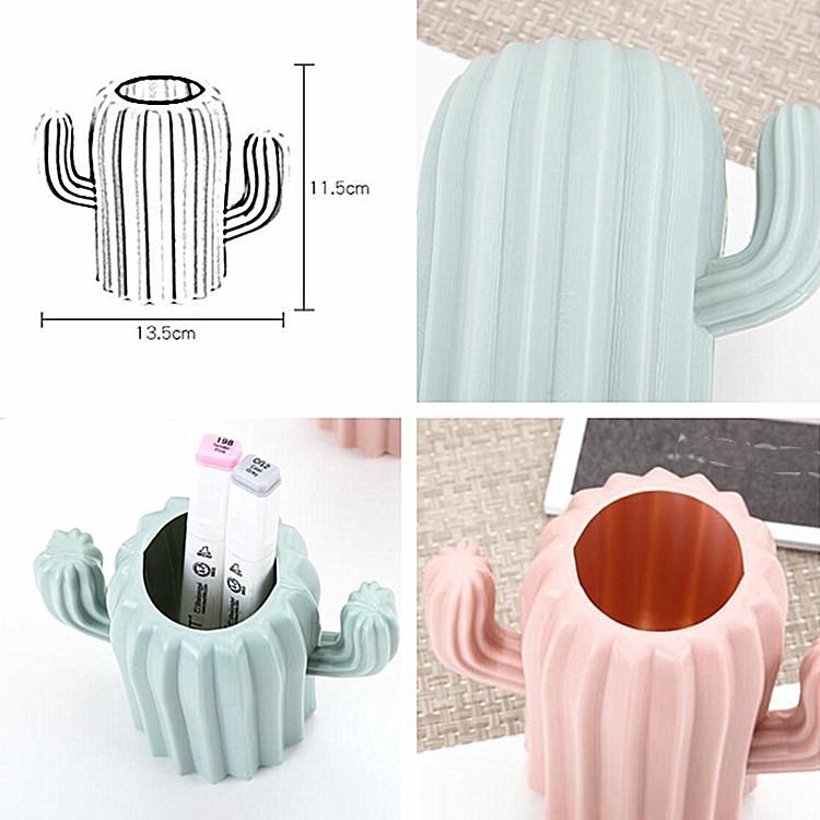 Collage of cactus-shaped pen holders in green and pink with measurements and close-up views.