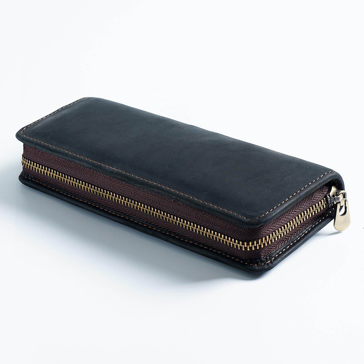 Black Genuine Leather Pencil Case - Vintage Zip-Up Pen Holder with Elastic Loops - The Focus Station