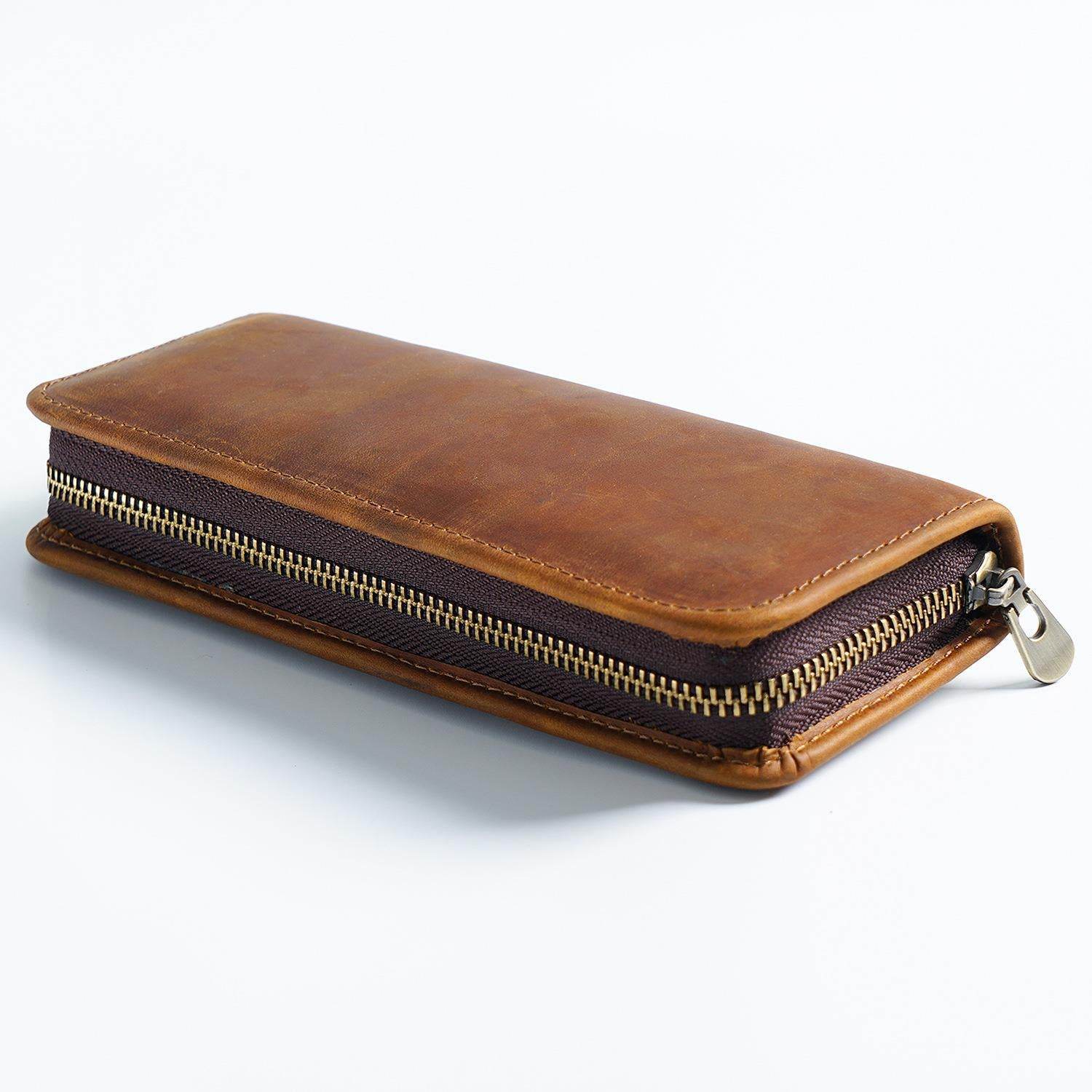 Brown Genuine Leather Pencil Case - Vintage Zip-Up Pen Holder with Elastic Loops - The Focus Station