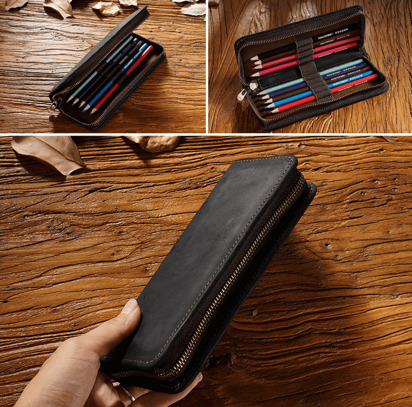 Brown Genuine Leather Pencil Case - Vintage Zip-Up Pen Holder with Elastic Loops - The Focus Station