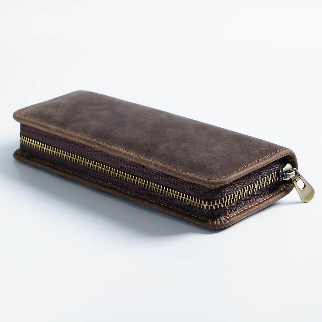 Coffee Genuine Leather Pencil Case - Vintage Zip-Up Pen Holder with Elastic Loops - The Focus Station