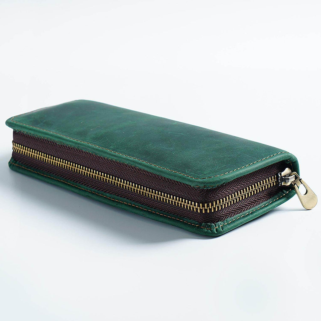 Dark Green Genuine Leather Pencil Case - Vintage Zip-Up Pen Holder with Elastic Loops - The Focus Station