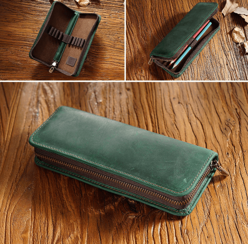 Dark Green Genuine Leather Pencil Case - Vintage Zip-Up Pen Holder with Elastic Loops - The Focus Station