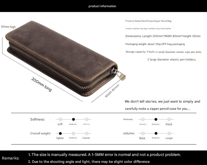 Dark Green Genuine Leather Pencil Case - Vintage Zip-Up Pen Holder with Elastic Loops - The Focus Station