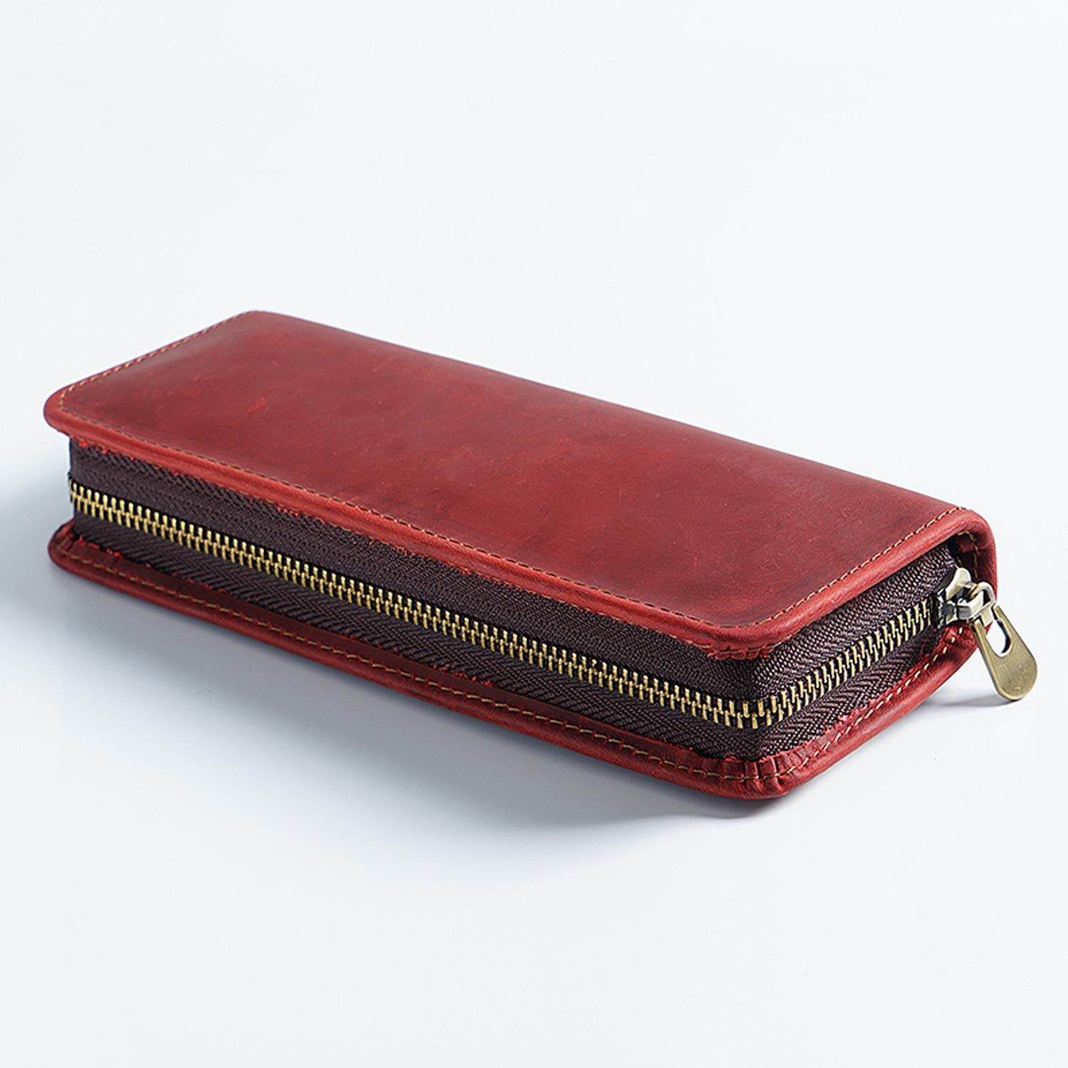 Wine Red Genuine Leather Pencil Case - Vintage Zip-Up Pen Holder with Elastic Loops - The Focus Station