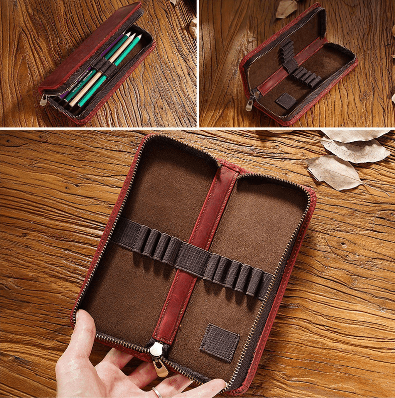 Wine Red Genuine Leather Pencil Case - Vintage Zip-Up Pen Holder with Elastic Loops - The Focus Station