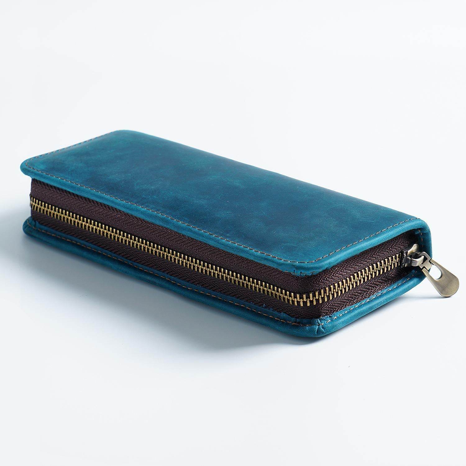 Blue Genuine Leather Pencil Case - Vintage Zip-Up Pen Holder with Elastic Loops - The Focus Station