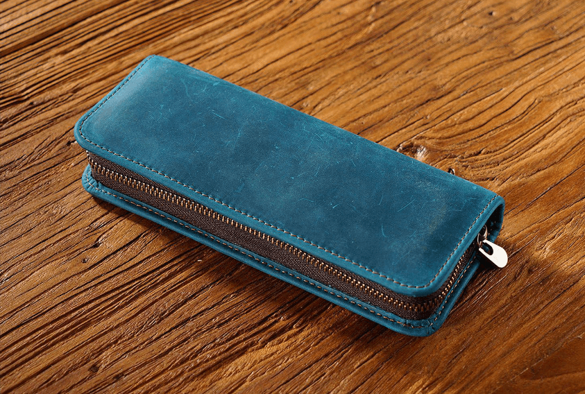 Blue Genuine Leather Pencil Case - Vintage Zip-Up Pen Holder with Elastic Loops - The Focus Station
