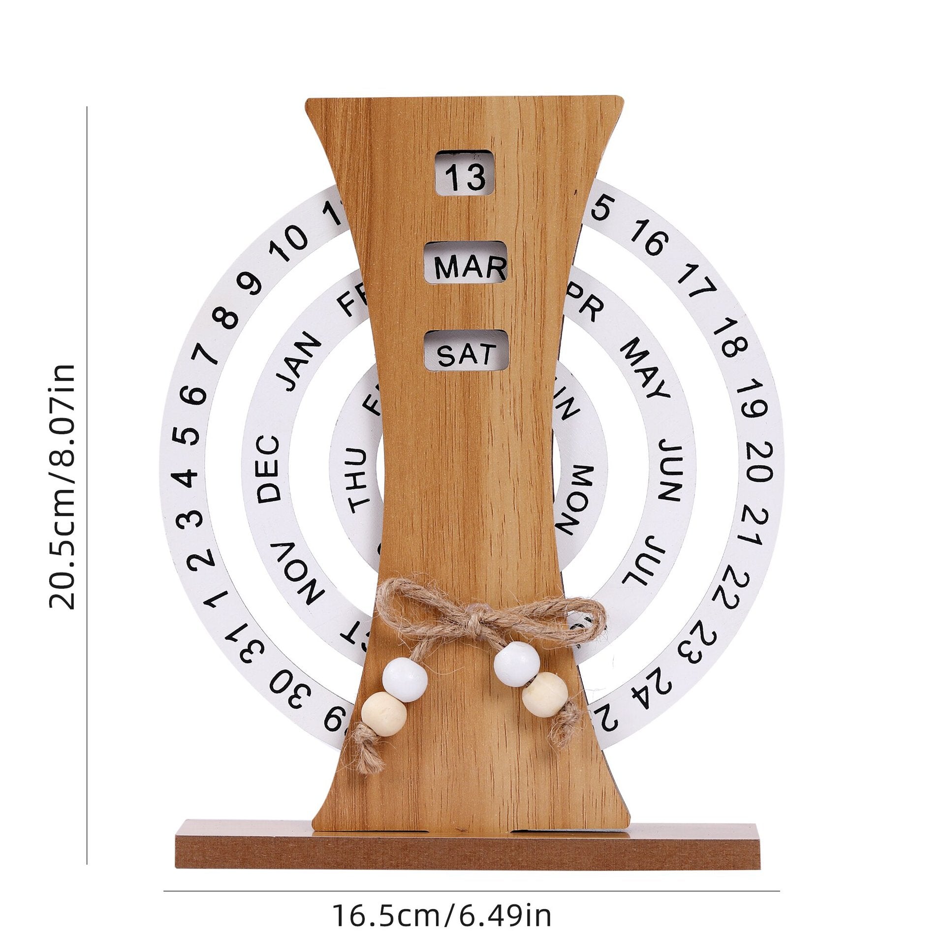 Wooden calendar with decorative elements on a white background
