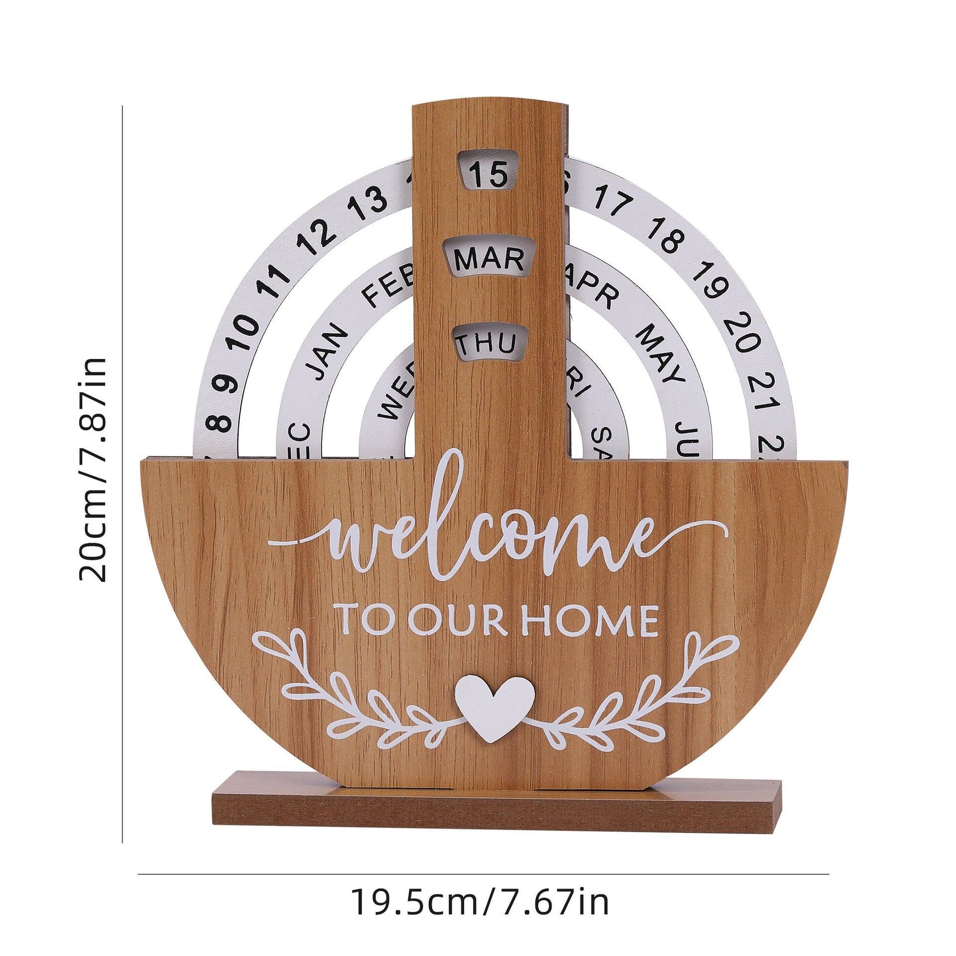 Wooden calendar with 'welcome to our home' text and measurements on a white background