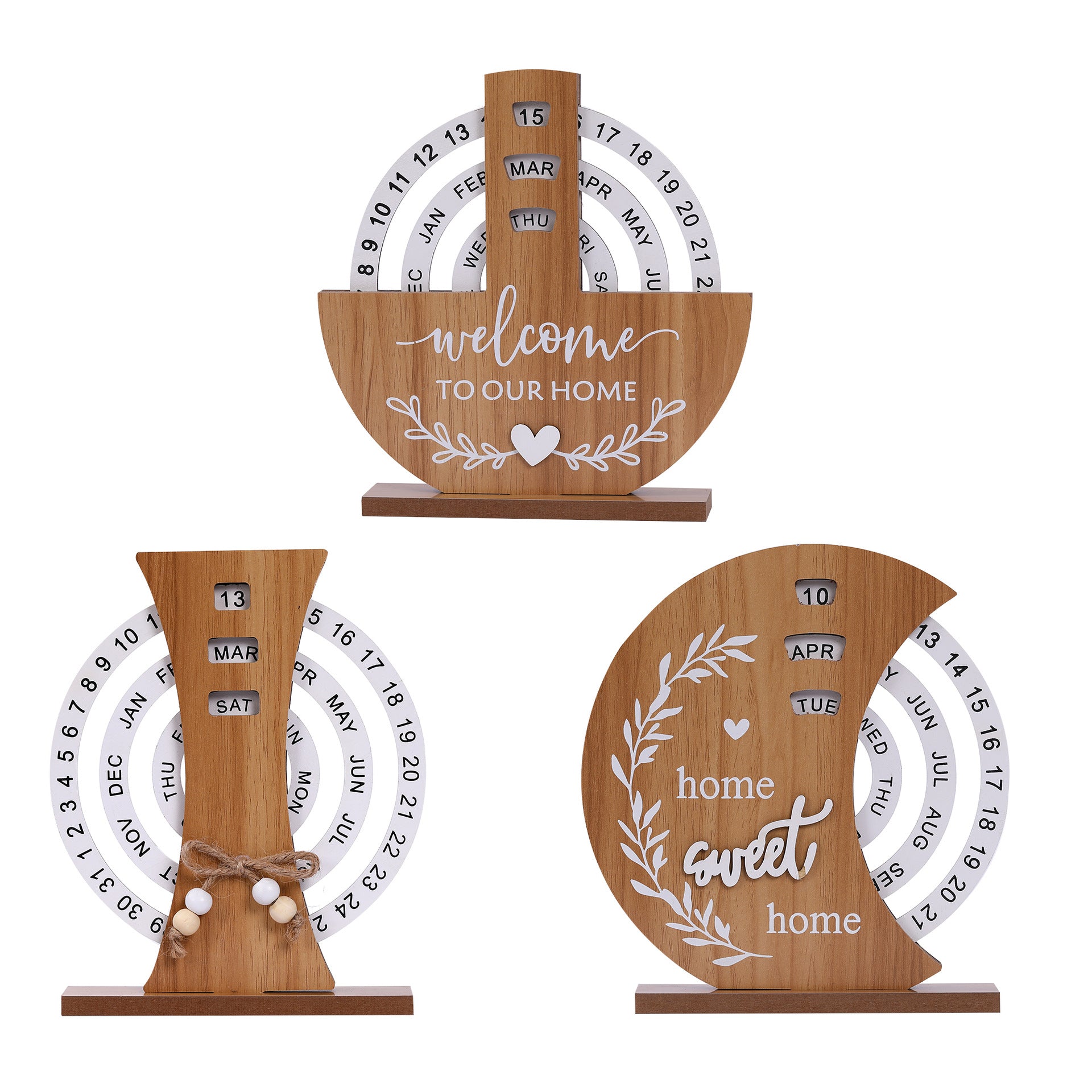 Wooden calendar set with decorative elements on a white background