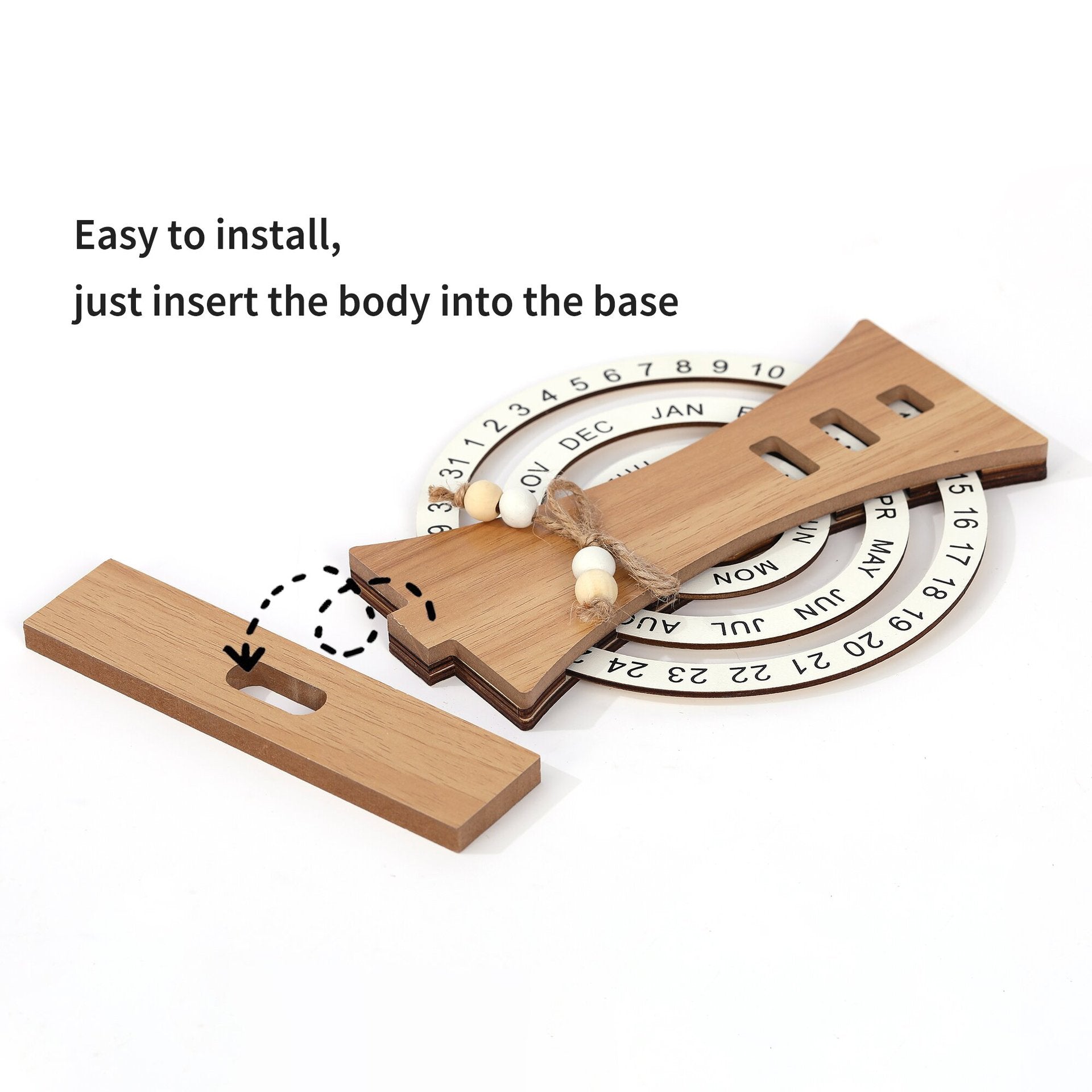 Wooden bow tie with a circular component on a white background, showing how to insert the body into the base.