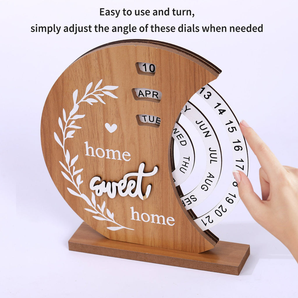 Wooden decorative item with calendar and 'home sweet home' text, adjustable dials shown.
