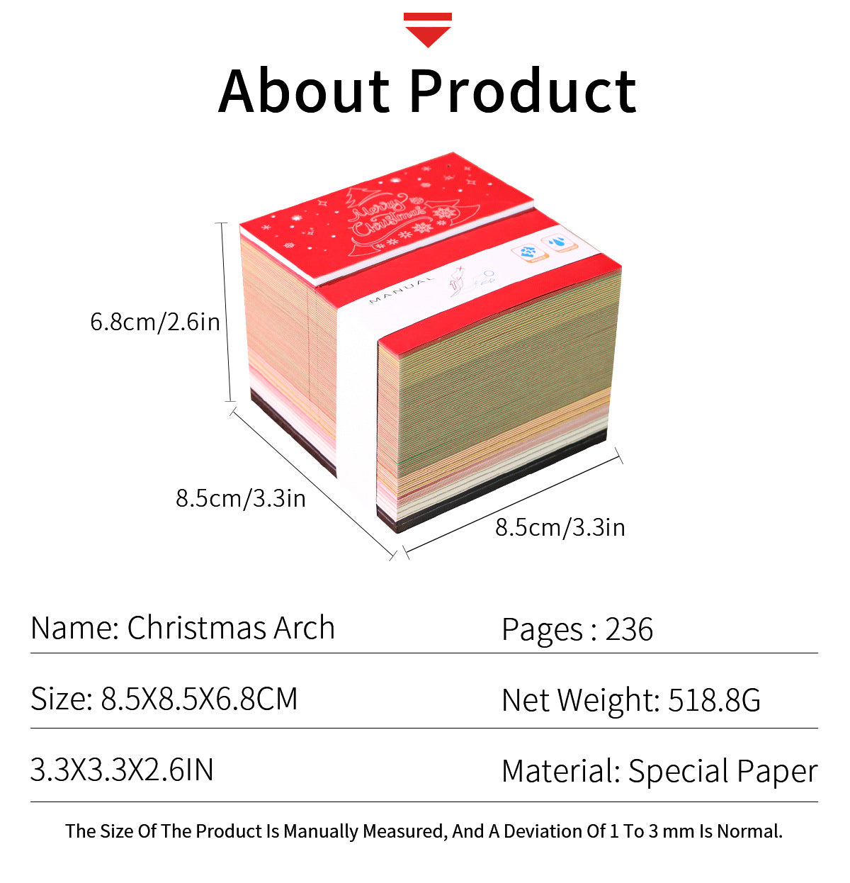 Product details of a Christmas-themed book with dimensions and material information.