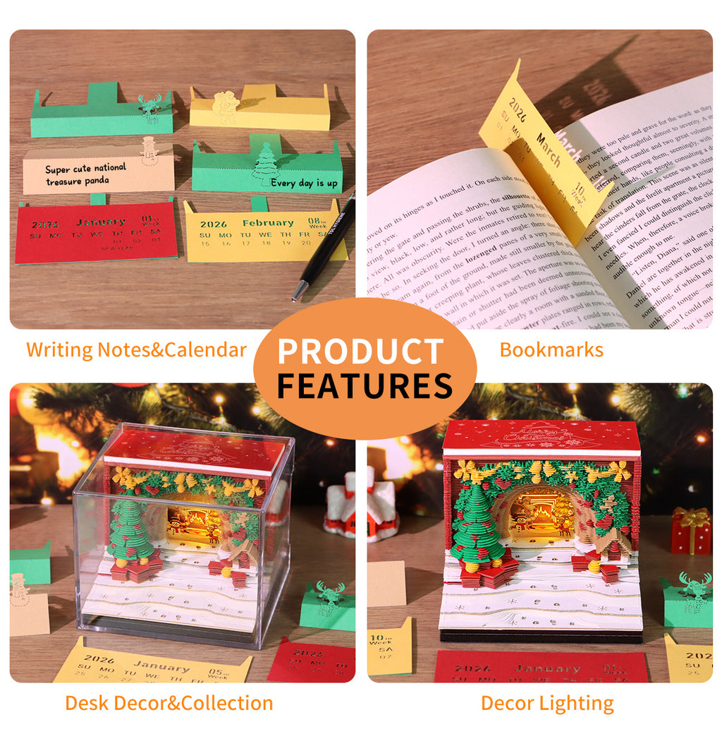 Product features including writing notes, calendar, bookmarks, desk decor, and collection with decorative lighting.