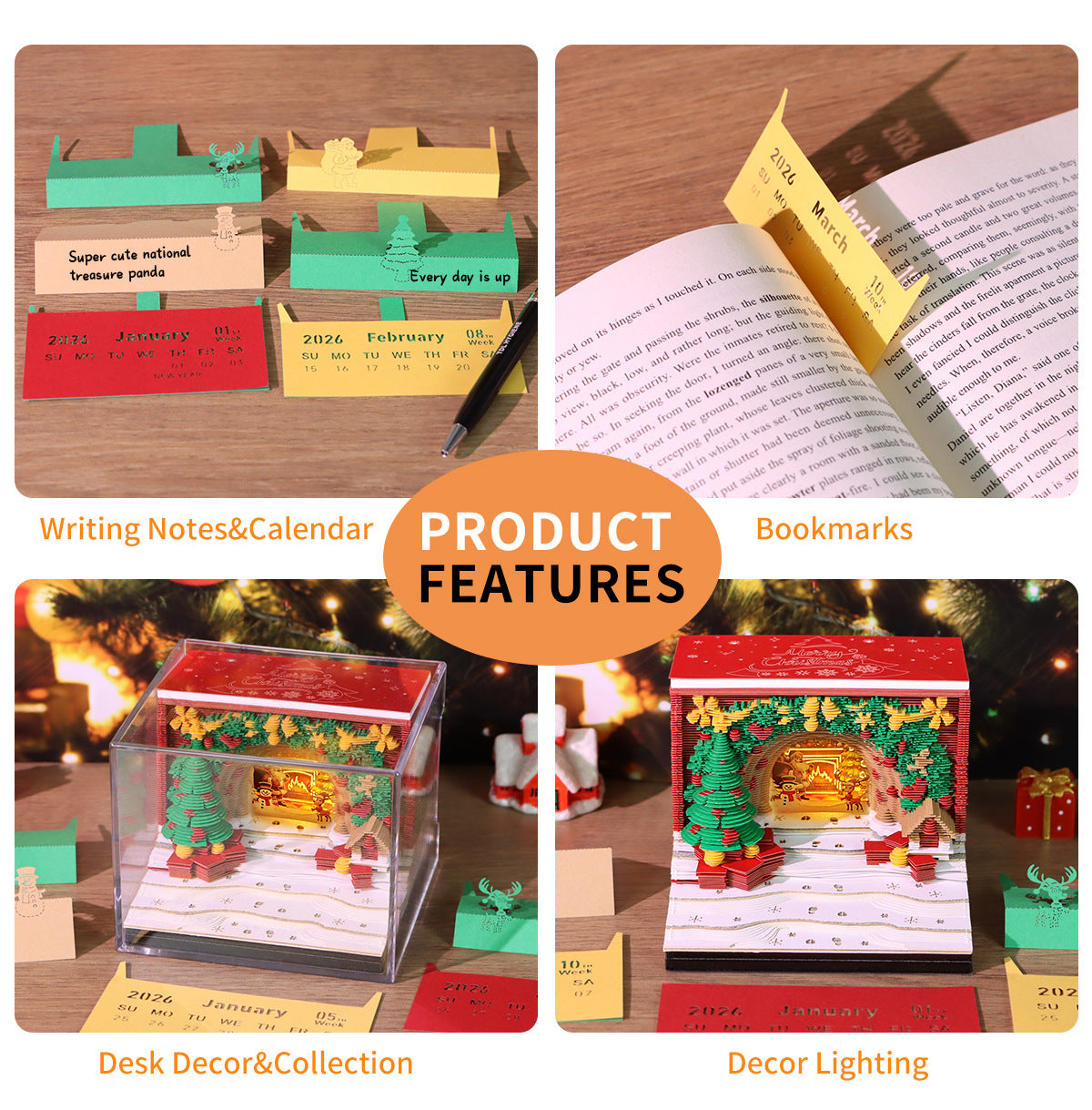 Product features including writing notes, calendar, bookmarks, desk decor, and collection with decorative lighting.