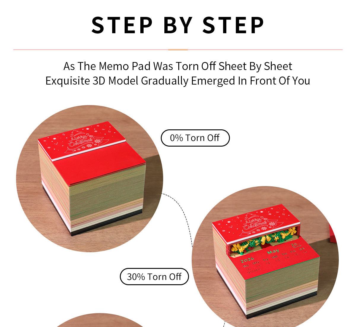 Red and green memo pad with 3D model emerging as pages are torn off, on a wooden surface.